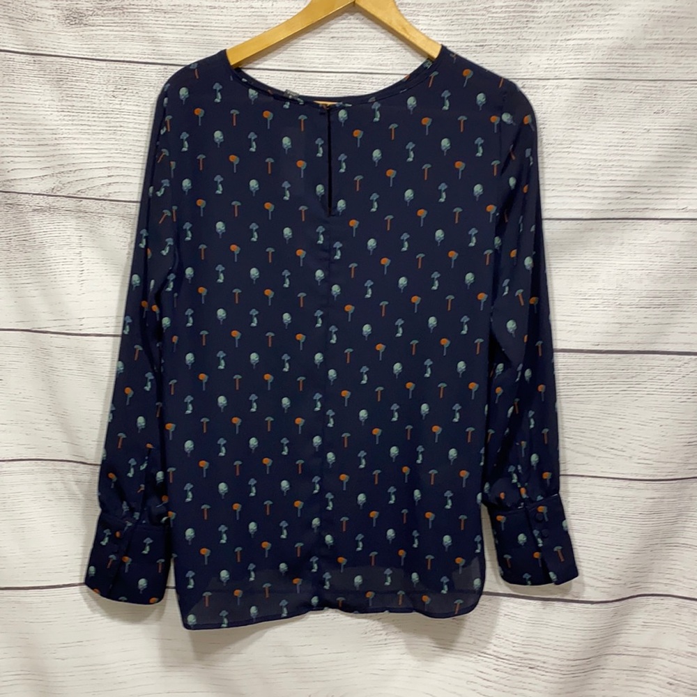 Ann Taylor Navy Long Sleeve Blouse with Teal and Rust Dot Print